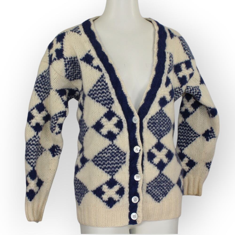 XS/S Yacht Rock Wool Cardigan Sweater Nautical Flags MarshLanding Shetland - Picture 1 of 12